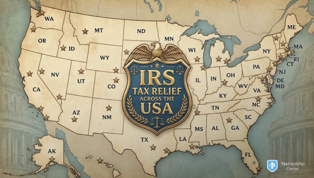 United States map graphic showing IRS tax relief services available in all 50 states.