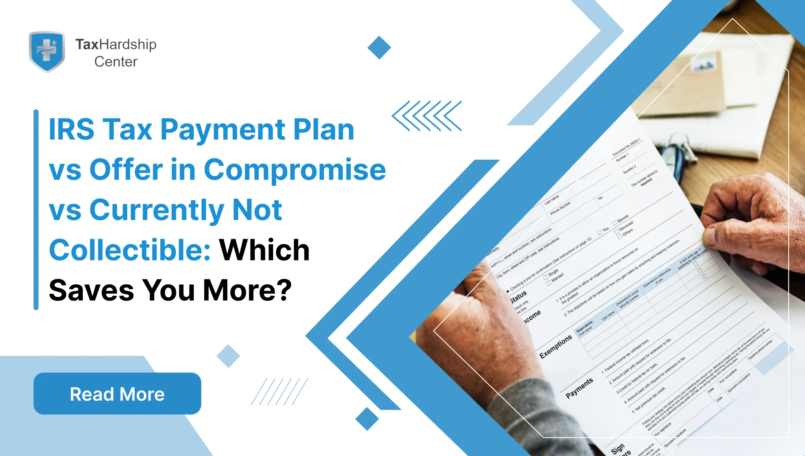 IRS tax payment plan, Offer in Compromise, and Currently Not Collectible options compared for taxpayers facing IRS tax debt.