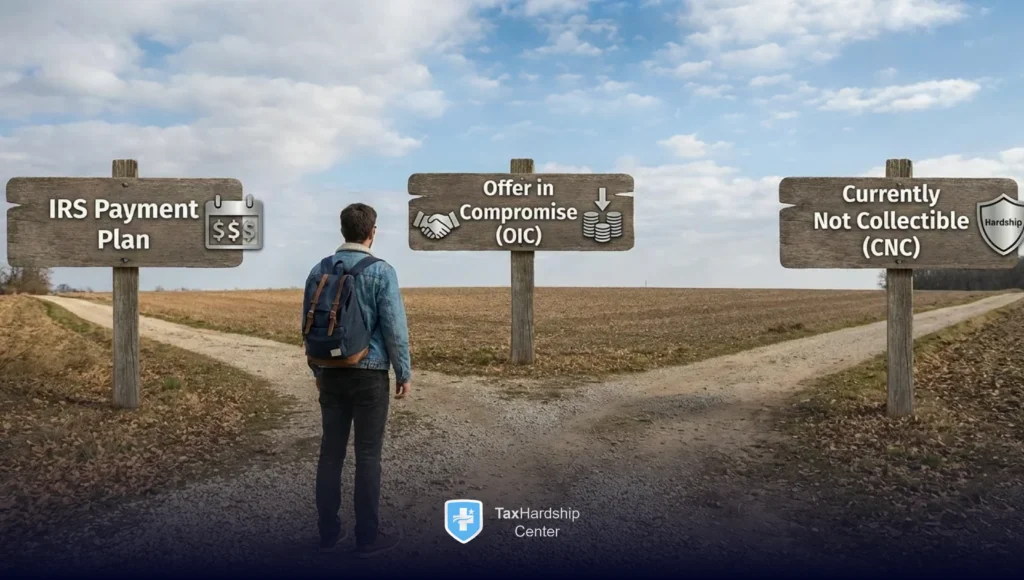Taxpayer choosing between an IRS payment plan, Offer in Compromise, and Currently Not Collectible status.
