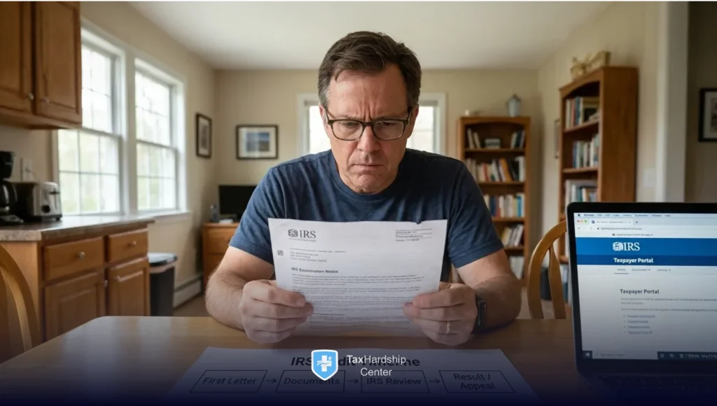 Taxpayer reviewing an IRS audit notice and preparing documents for an IRS tax audit