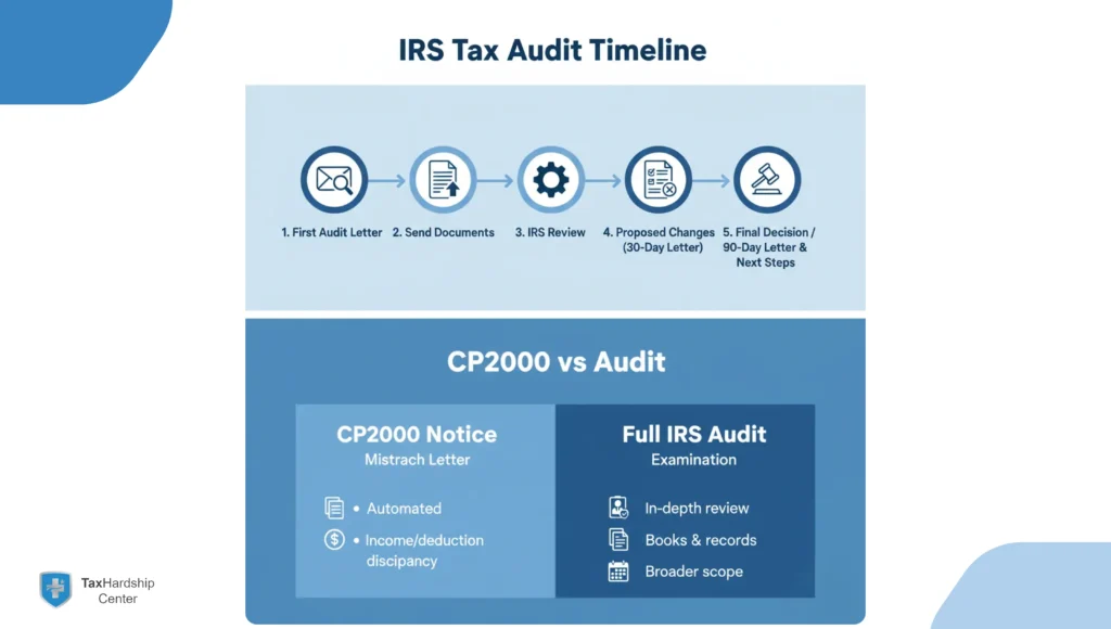 IRS tax audit timeline showing the first audit letter, document submission, IRS review, proposed changes, deadlines, and final resolution