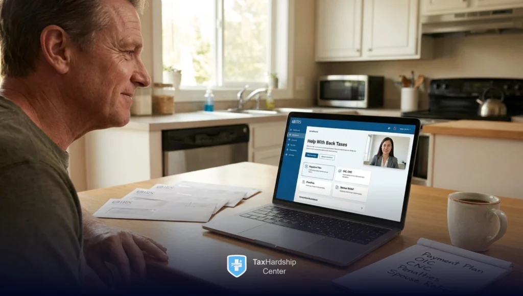 Taxpayer getting professional help with IRS back taxes through an online consultation and reviewing available IRS tax relief options.