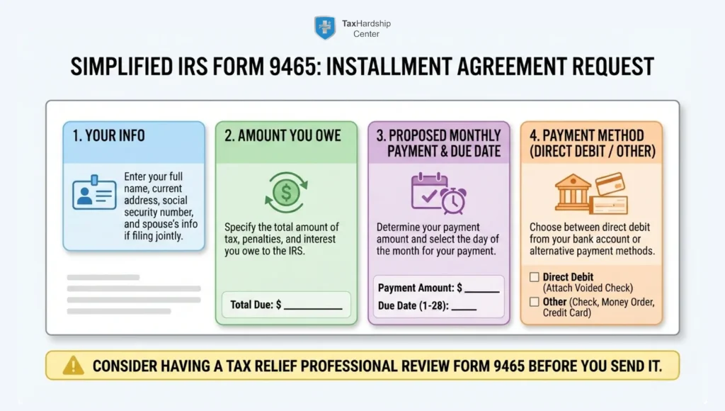 Simplified IRS Form 9465 showing personal information, amount owed, proposed monthly payment, due date, and payment method for an installment agreement.