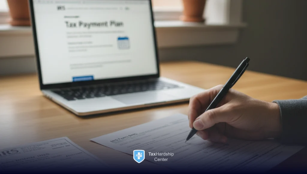 Taxpayer completing IRS Form 9465 to request an installment agreement while reviewing tax payment plan information on a laptop.