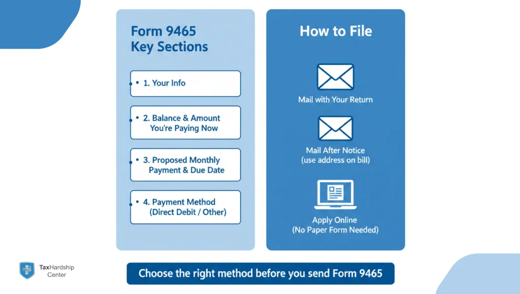 IRS Form 9465 key sections and filing options, including mailing with a tax return, mailing after an IRS notice, and applying online.