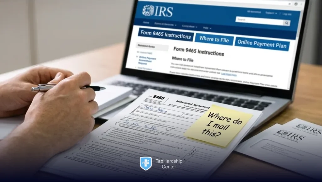 Taxpayer checking IRS Form 9465 instructions to find the correct mailing address for an installment agreement request.