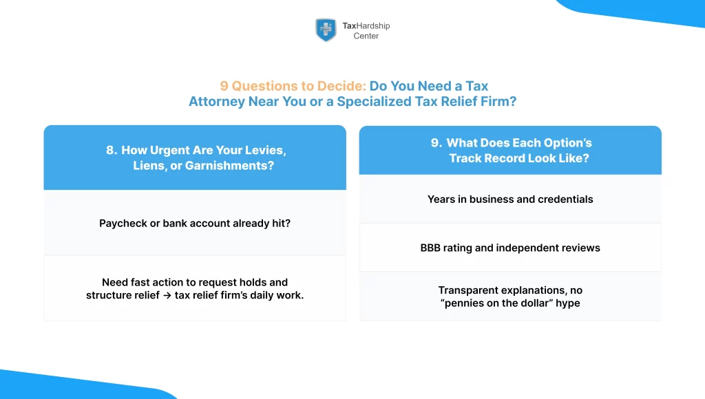 Infographic outlining nine key questions to decide between hiring a local tax attorney near you or working with a specialized tax relief firm, with a callout showing how Tax Hardship Center helps most civil IRS debt and collection cases.
