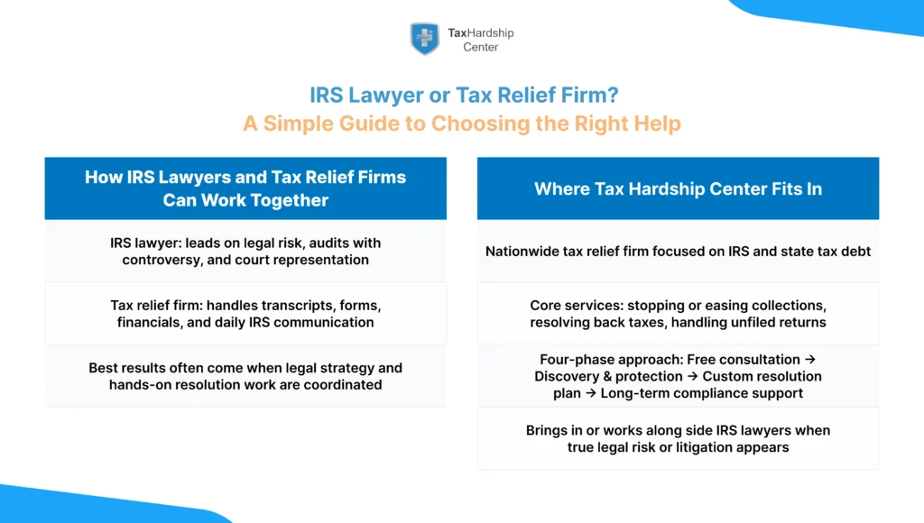 Infographic explaining how IRS lawyers and tax relief firms work together on legal strategy, IRS communication, tax debt resolution, and court representation.