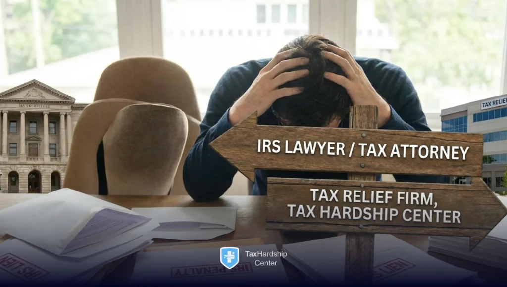 Stressed taxpayer choosing between an IRS lawyer and a tax relief firm for help with IRS debt and collection problems.