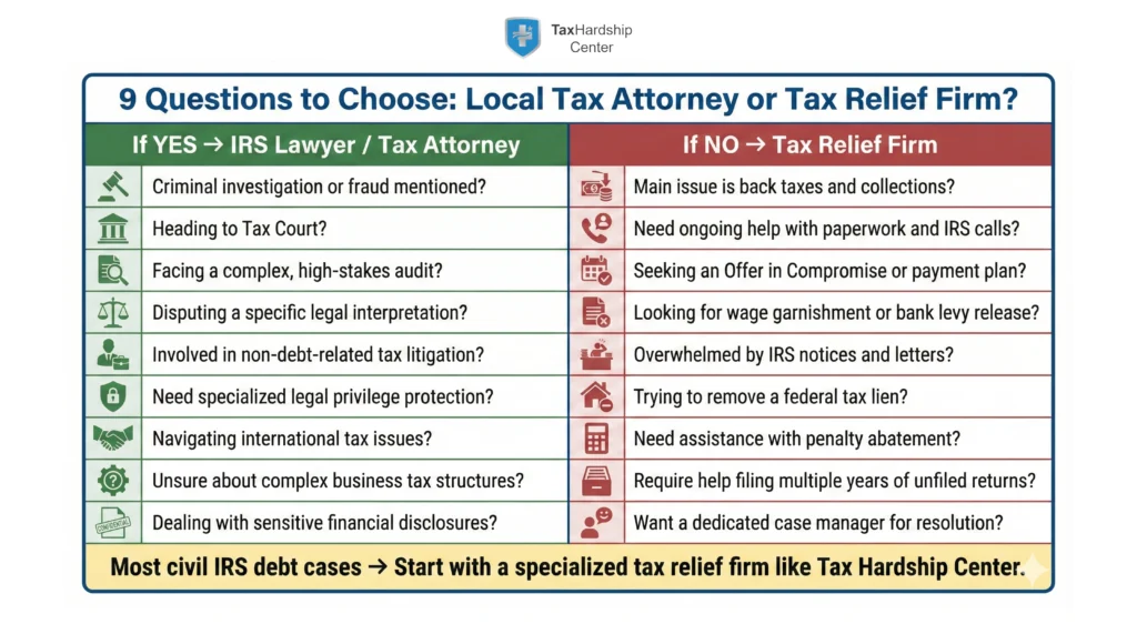 Decision guide with nine questions to help taxpayers choose between a local tax attorney and a specialized tax relief firm for IRS problems.