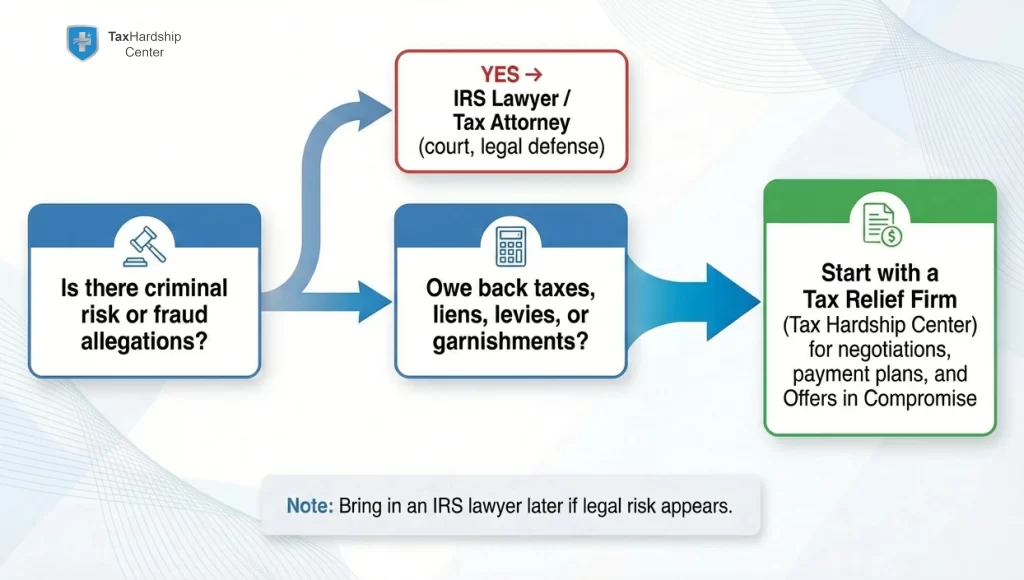 Graphic summarizing when to hire an IRS lawyer versus starting with a tax relief firm like Tax Hardship Center, based on criminal risk and civil IRS debt situations.