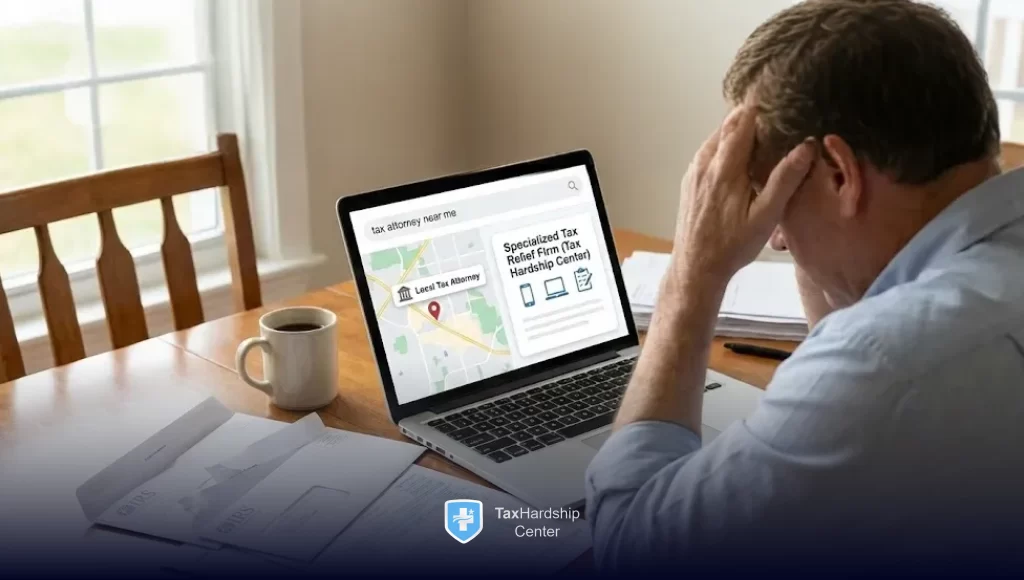 Header image showing a taxpayer comparing a local tax attorney search with a specialized tax relief firm like Tax Hardship Center for IRS debt and collection problems.