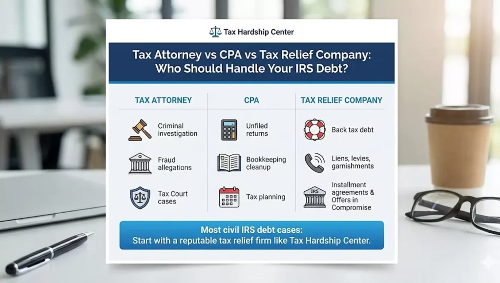 Graphic comparing when to hire a tax attorney, CPA, or tax relief company, with icons showing criminal defense, tax filing, and IRS debt relief, and a callout