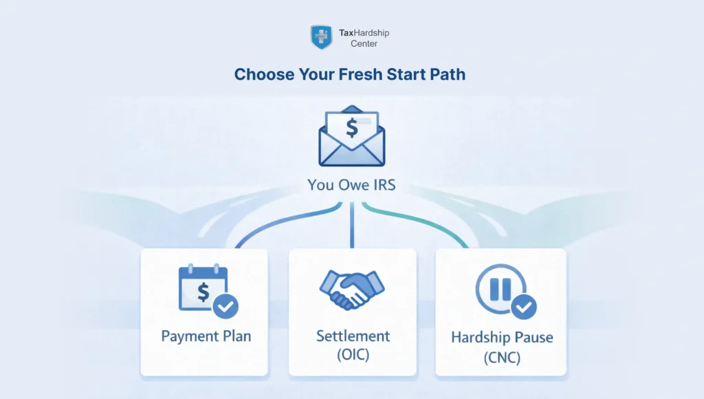 Fresh Start Initiative options showing IRS payment plan, Offer in Compromise settlement, and Currently Not Collectible hardship pause.