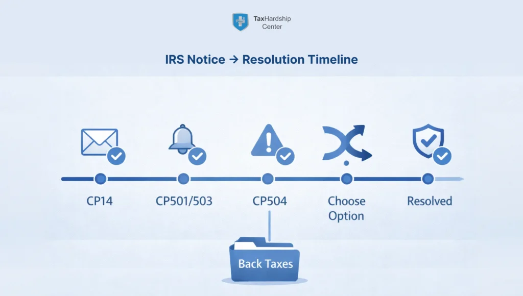 Timeline showing the IRS collection process from CP14 through CP501 and CP503 reminders, CP504 levy warning, Fresh Start options, and resolution.