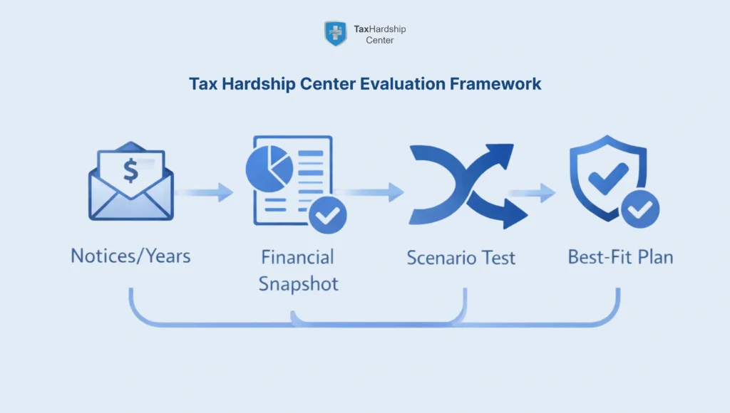 Four-step visual showing how Tax Hardship Center evaluates IRS Fresh Start program cases through notice review, financial analysis, scenario testing, and a best-fit relief plan.