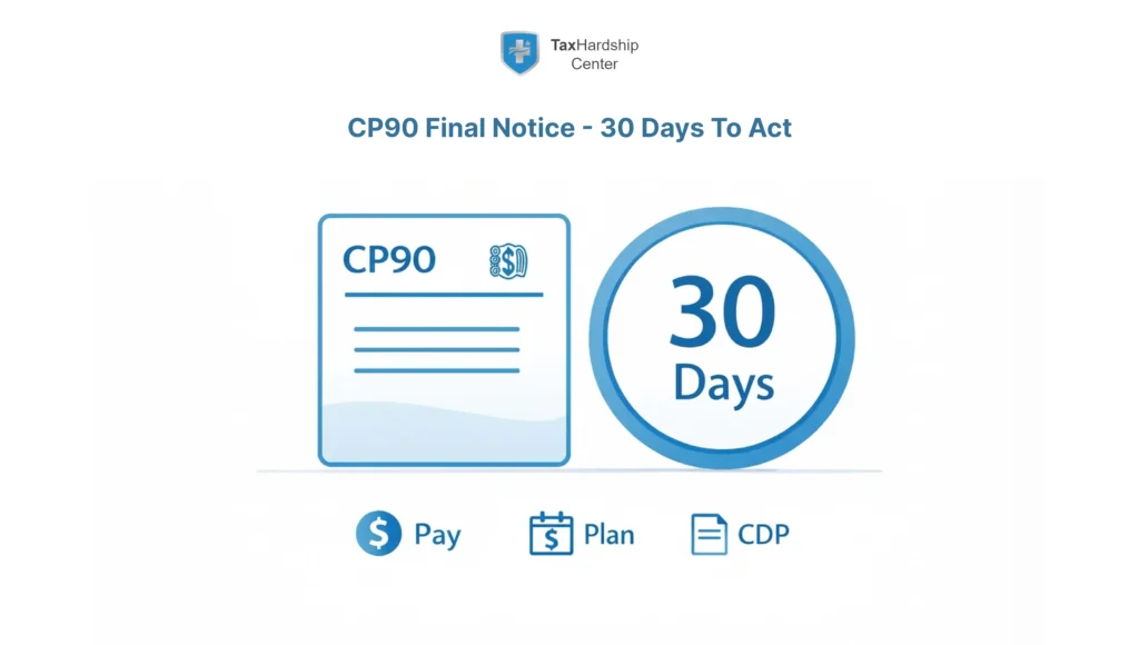 Minimal hero illustration showing an IRS CP90 final notice with a 30-day countdown and three simple choices—pay, set up a payment plan, or request a CDP hearing—to help stop a levy quickly.
