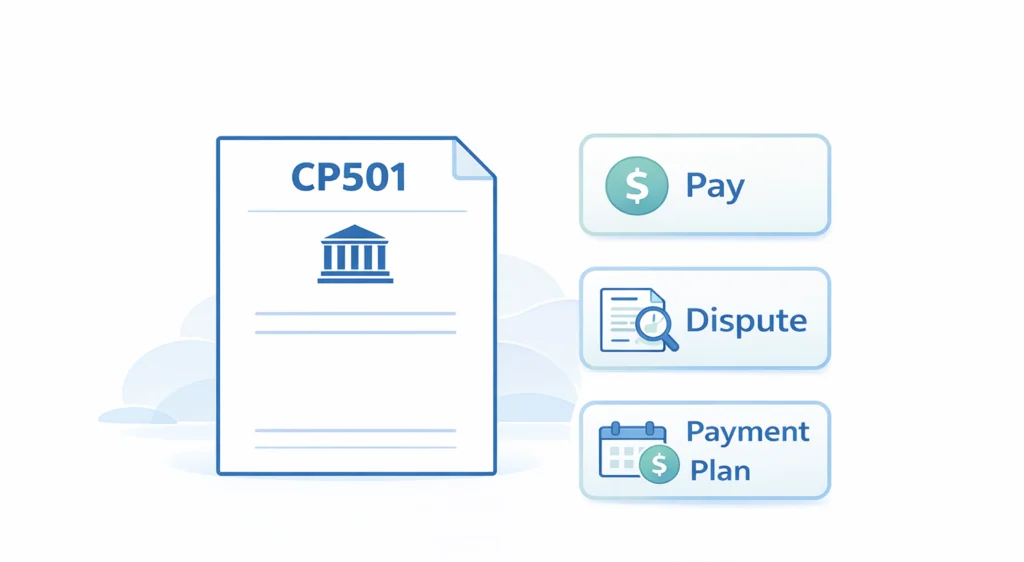 CP501 IRS first balance due notice explaining options to pay, dispute the balance, or set up an installment payment plan.