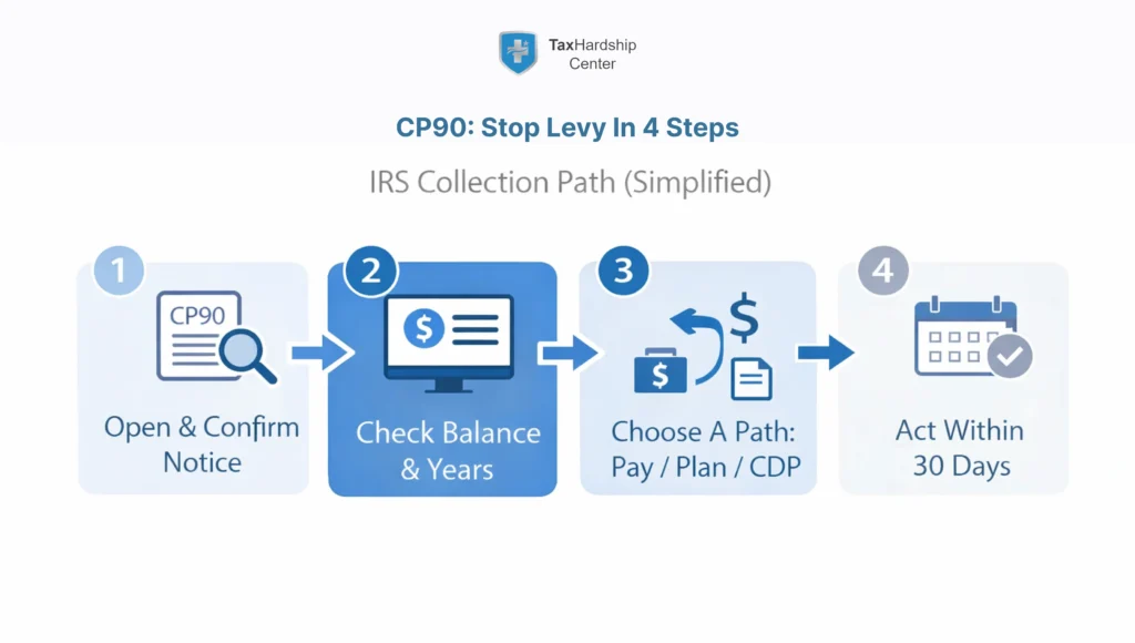 Minimal infographic showing a four-step process for handling an IRS CP90 final notice: open and confirm the notice, check tax years and balance, choose between paying, a payment plan, or a CDP hearing, and act within 30 days to stop a levy.