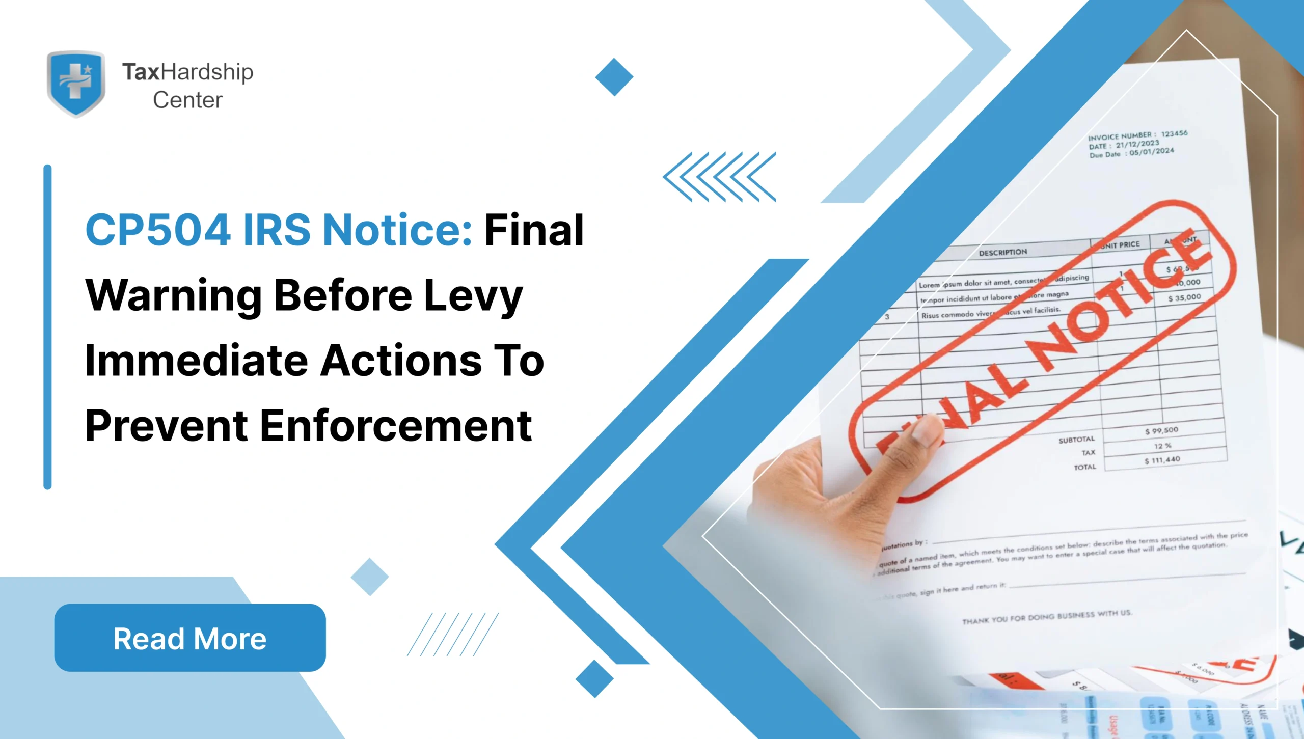 CP504 is the IRS intent-to-levy warning. Learn immediate actions, CAP appeal options, and how to set a payment plan before enforcement.