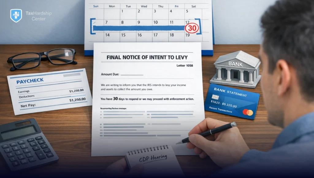 Hero image of IRS Letter 1058 labeled final notice of intent to levy, with a calendar showing a 30-day response period and visuals of wages and a bank account at risk, illustrating how to protect income and funds.