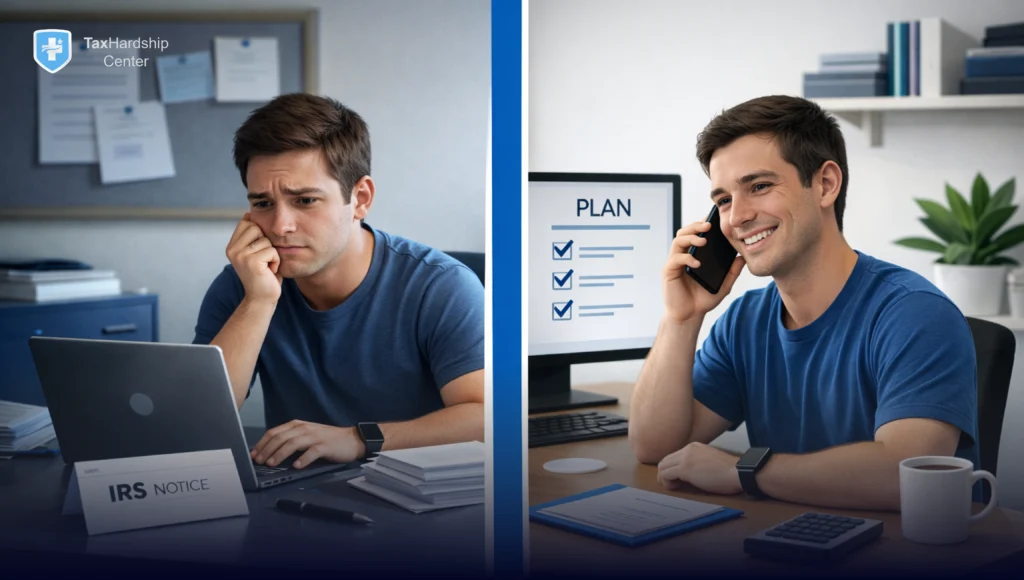 Hero illustration of a taxpayer choosing between DIY tax help for back taxes and hiring a professional for IRS representation, used on a Tax Hardship Center blog