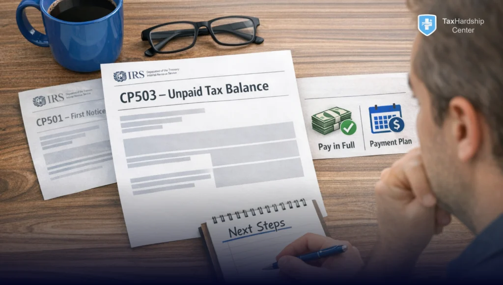Hero illustration of a CP503 IRS notice marked as a second reminder of unpaid taxes, with clear options to pay in full or set up an IRS payment plan, used on the Tax Hardship Center website.
