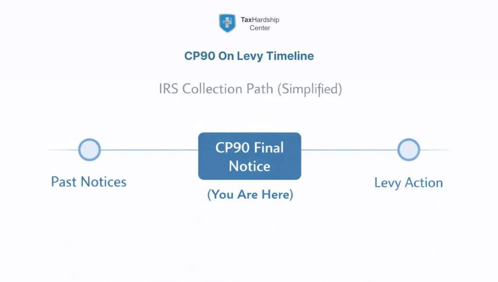 IRS CP90 timeline showing the final notice between past IRS notices and potential levy action