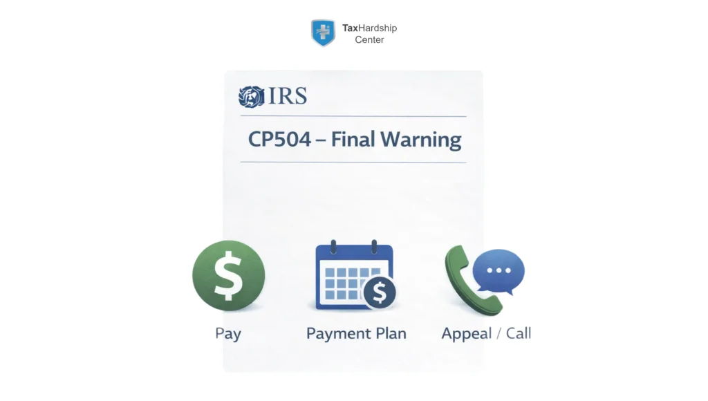 Minimal hero illustration of a CP504 IRS notice with three clear options underneath—pay, set up a payment plan, or call/appeal—to show what to do after receiving this final warning before levy.