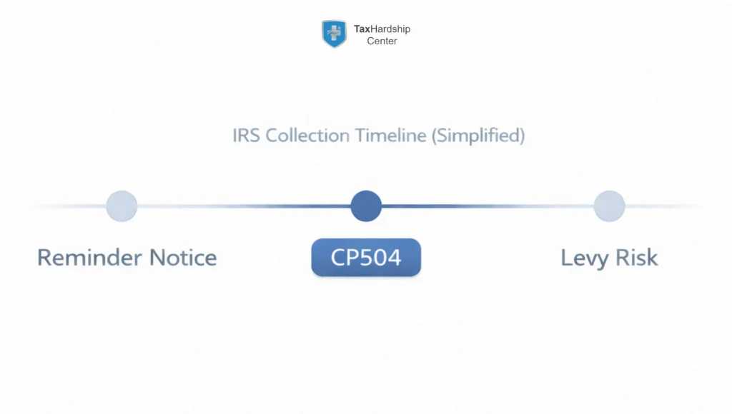 IRS collection timeline showing CP504 between an earlier reminder notice and potential levy risk.