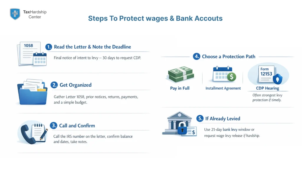 Infographic outlining steps to protect wages and bank accounts after IRS Letter 1058, including the 30-day CDP deadline, organizing documents, contacting the IRS, choosing a protection option, and acting quickly after a levy.