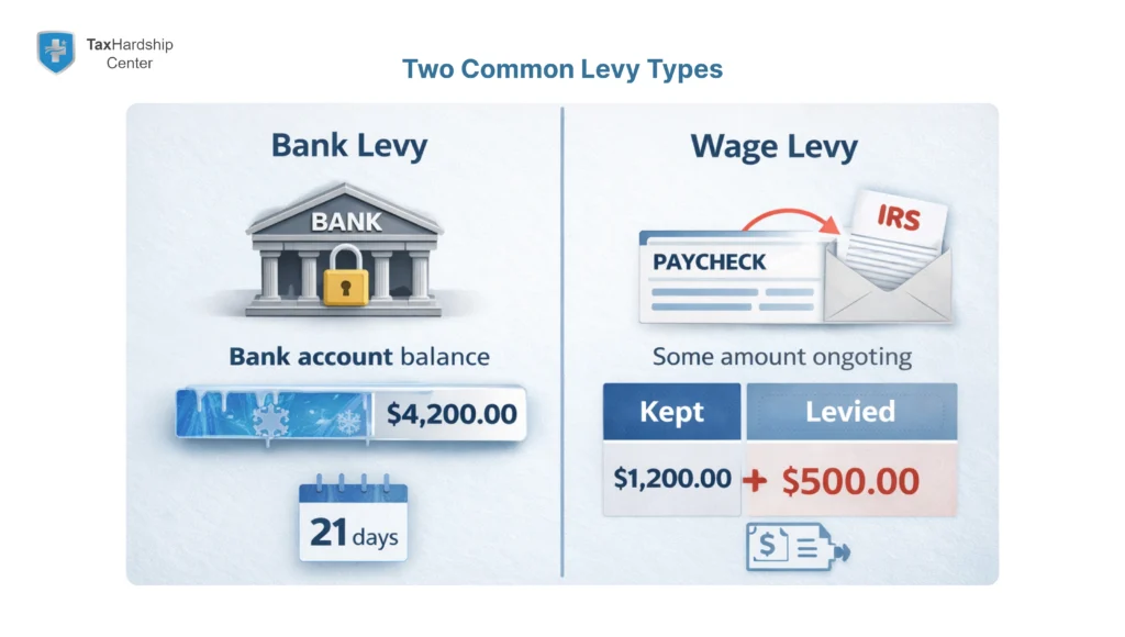 Comparison of an IRS bank levy and wage levy, showing frozen bank funds with a 21-day holding period and ongoing paycheck deductions