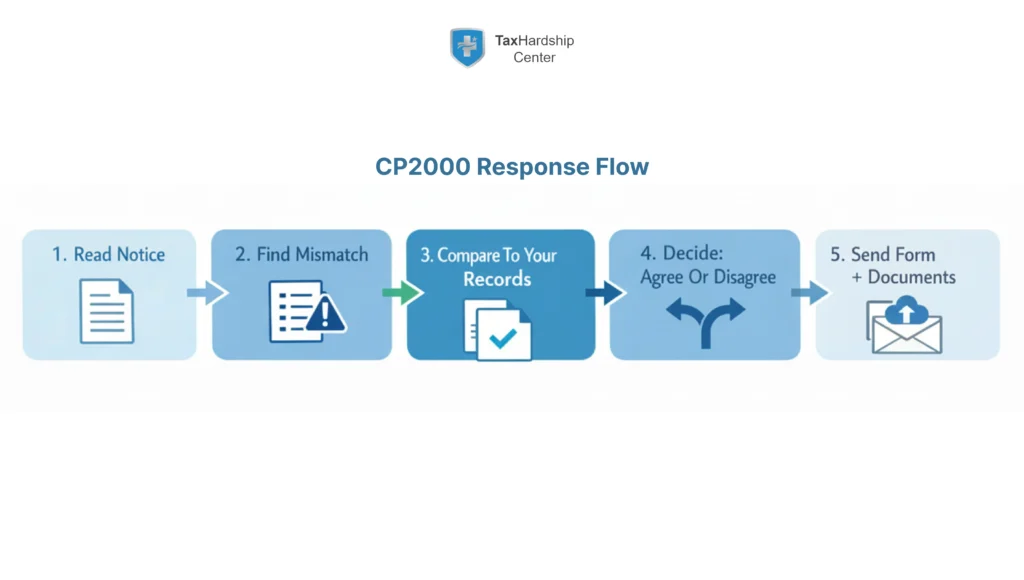 Five-step CP2000 IRS notice response flow showing how to read the notice, find the mismatch, compare records, decide whether to agree or disagree, and send supporting documents.
