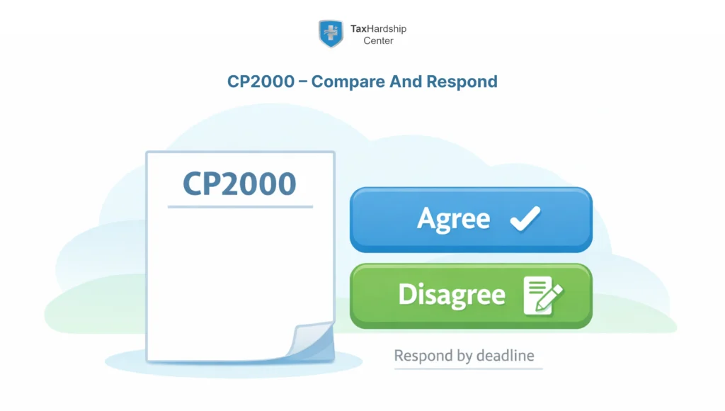 CP2000 IRS notice illustration showing Agree and Disagree response options with a reminder to respond by the deadline.