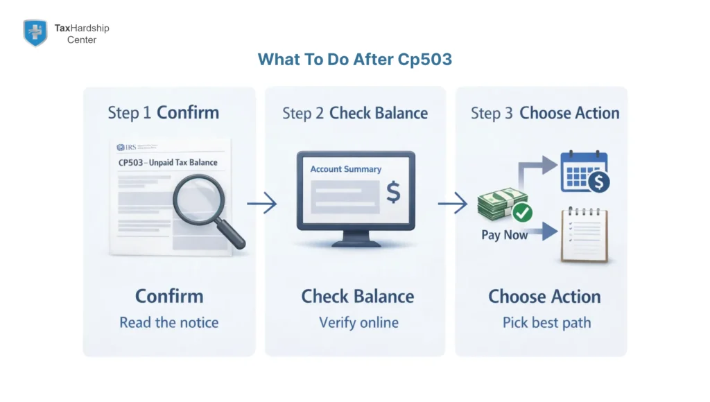 Simple three-step graphic for a CP503 IRS notice showing what to do next: confirm the due date, verify the balance, and choose whether to pay in full or set up an IRS payment plan