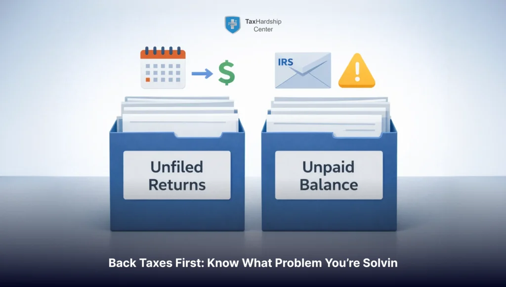 Simple graphic showing two main back tax issues, unfiled returns and unpaid balances, to explain tax help for back taxes on the Tax Hardship Center website.