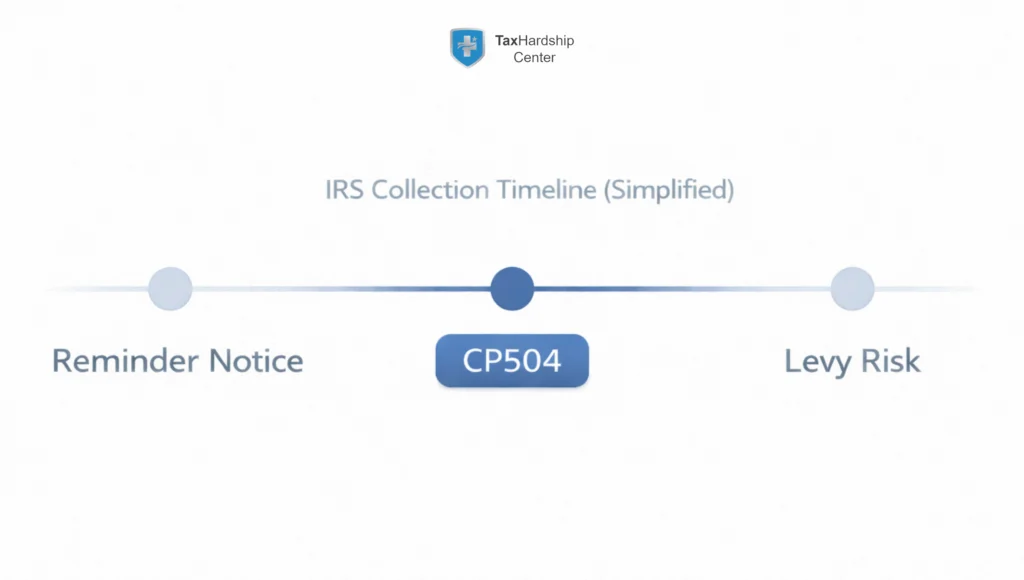 Simple timeline graphic showing CP504 in the middle of the IRS collection process between earlier reminder notices and potential levy risk, to emphasize why a CP504 notice is serious
