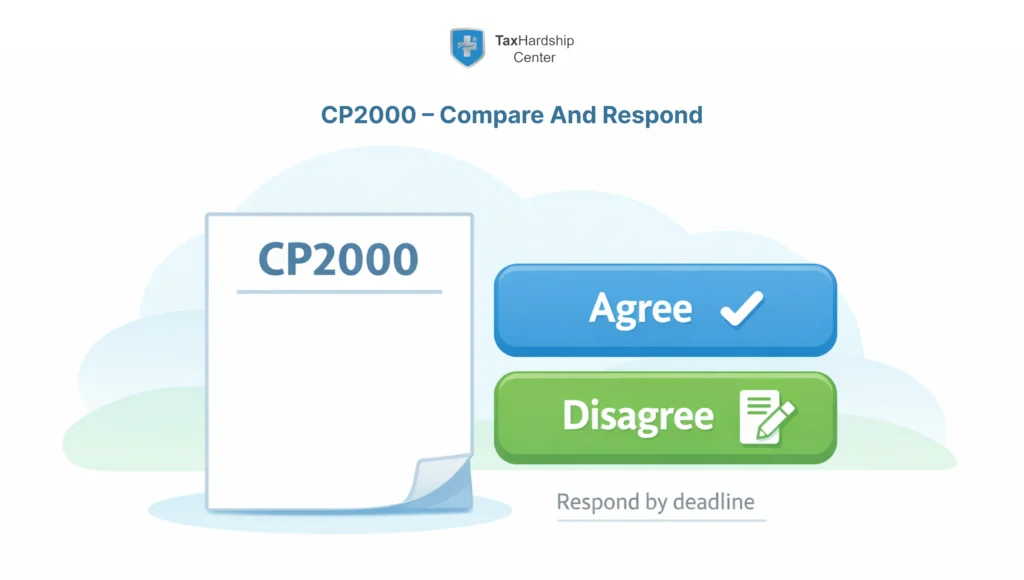Minimal hero illustration of a CP2000 IRS notice with clear Agree and Disagree options and a reminder to respond by the deadline, showing that you can either accept or dispute the proposed changes.