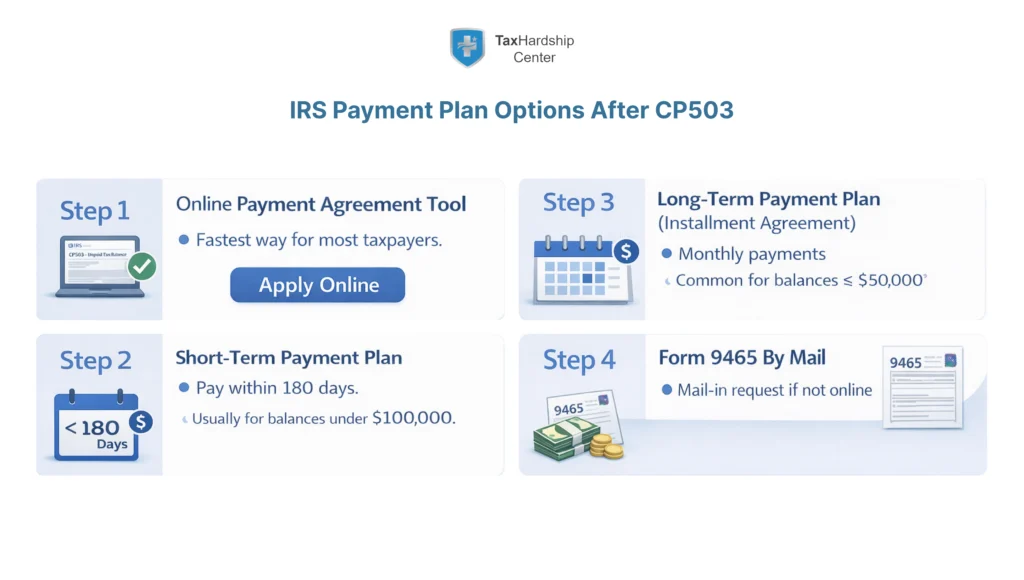 Infographic for CP503 IRS notice showing payment plan options, including the online payment agreement tool, short-term payment plans, long-term installment agreements, and Form 9465 by mail, focused on setting up an IRS payment plan.
