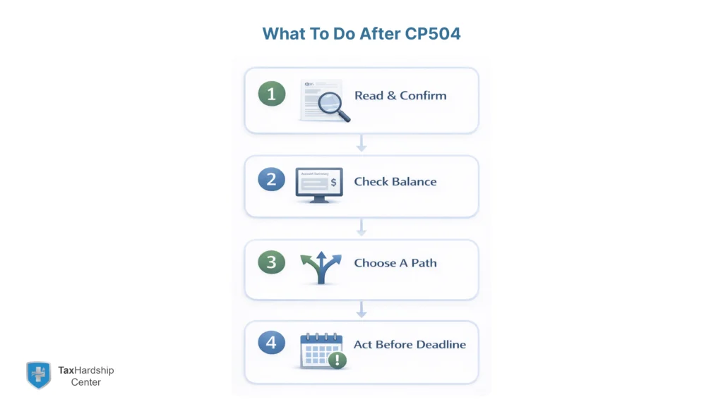 Minimal infographic showing four simple steps to handle a CP504 IRS notice: read and confirm the notice, check your balance, choose between payment, payment plan, or appeal, and act before the deadline to avoid levy