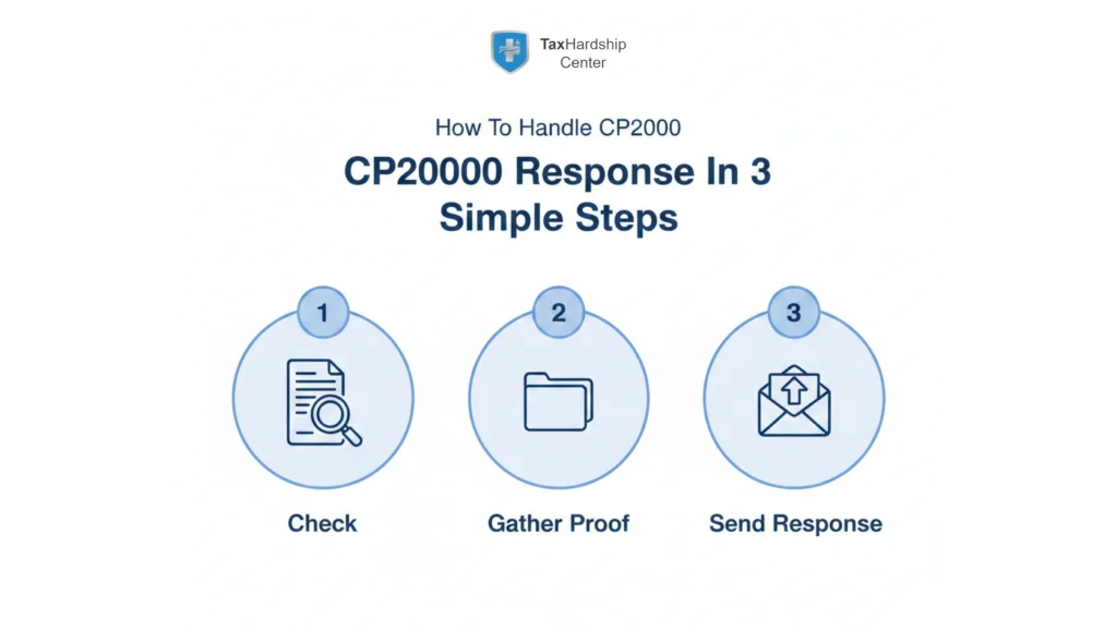 Simple three-step visual showing how to handle a CP2000 IRS notice: check what the IRS is proposing, gather supporting documents, and send your response on time.