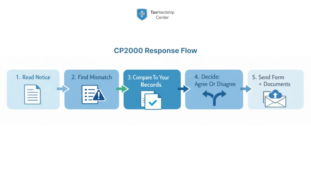 Minimal infographic showing a five-step CP2000 IRS notice response flow: read the notice, identify the mismatch, compare to your own records, decide whether you agree or disagree, and send the response form with supporting documents before the deadline.