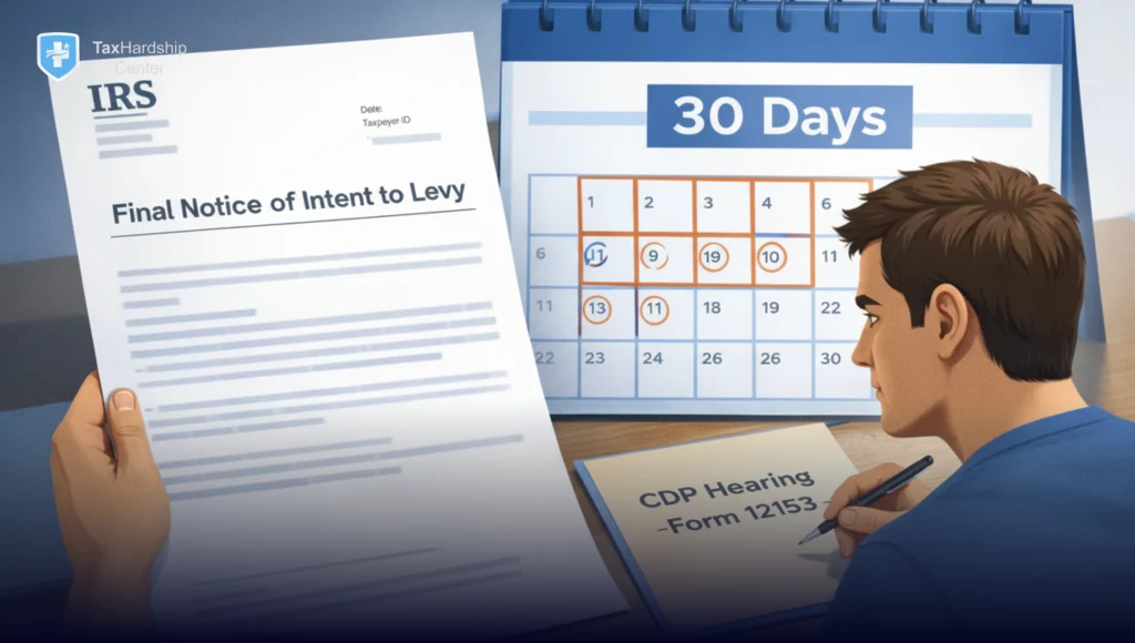 Hero image of an LT11 IRS notice labeled โFinal Notice of Intent to Levyโ with a 30-day calendar and a taxpayer preparing to respond, illustrating how to stop an IRS levy and request a Collection Due Process hearing