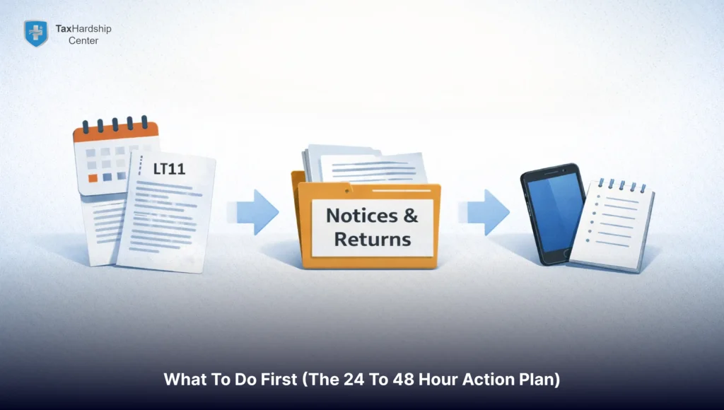 Simple 24โ48 hour action plan graphic for an LT11 IRS notice, showing three steps: mark the response deadline, gather IRS notices and tax returns, and call the IRS while taking notes.