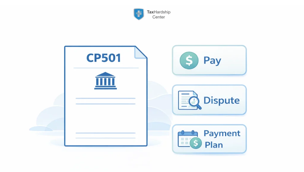 Minimal hero illustration of a CP501 IRS notice with three simple options beside it—pay, dispute, or set a payment plan—showing what taxpayers can do when they receive the first balance-due letter.