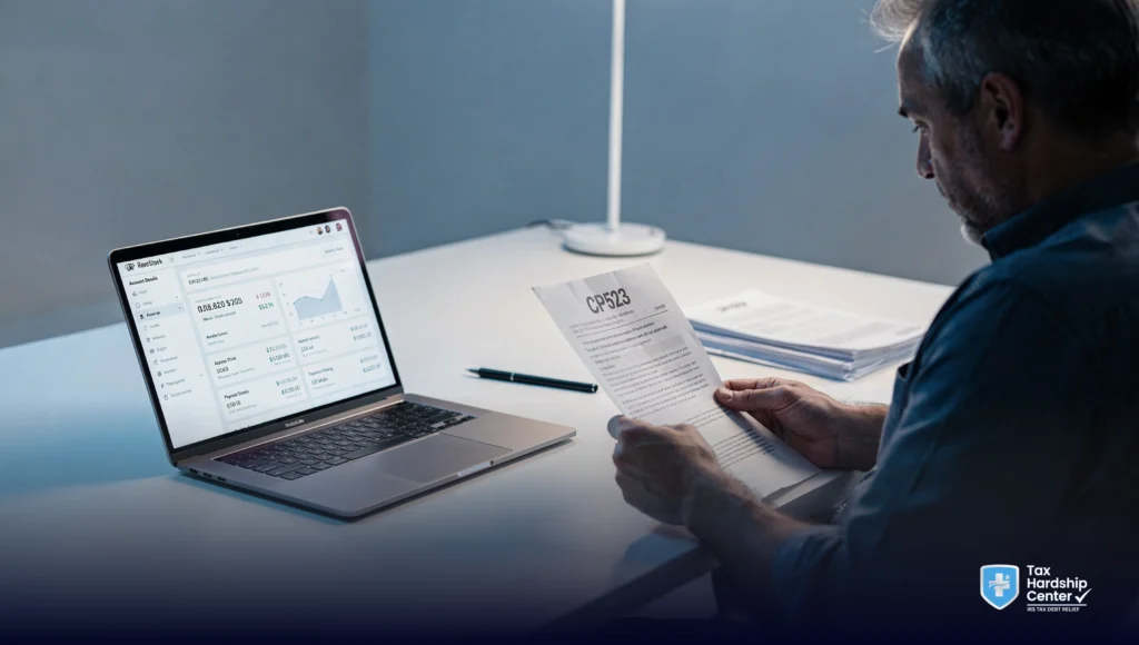 IRS CP523 notice on a desk with tax documents and payment records, showing a defaulted installment agreement warning and the need to act quickly.