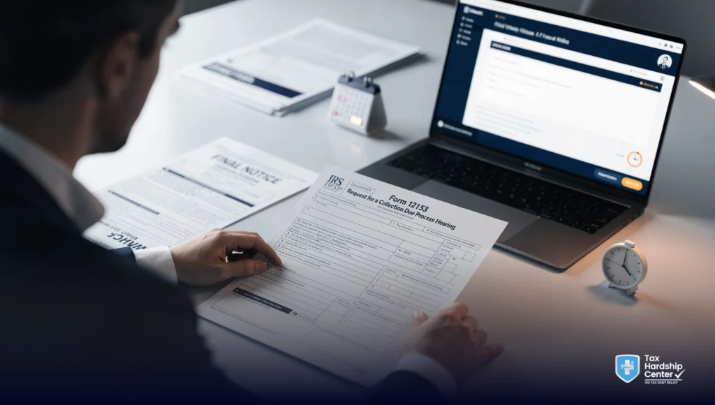 IRS Form 12153 next to a final levy notice, showing how taxpayers can request a Collection Due Process hearing before IRS collection action moves forward.
