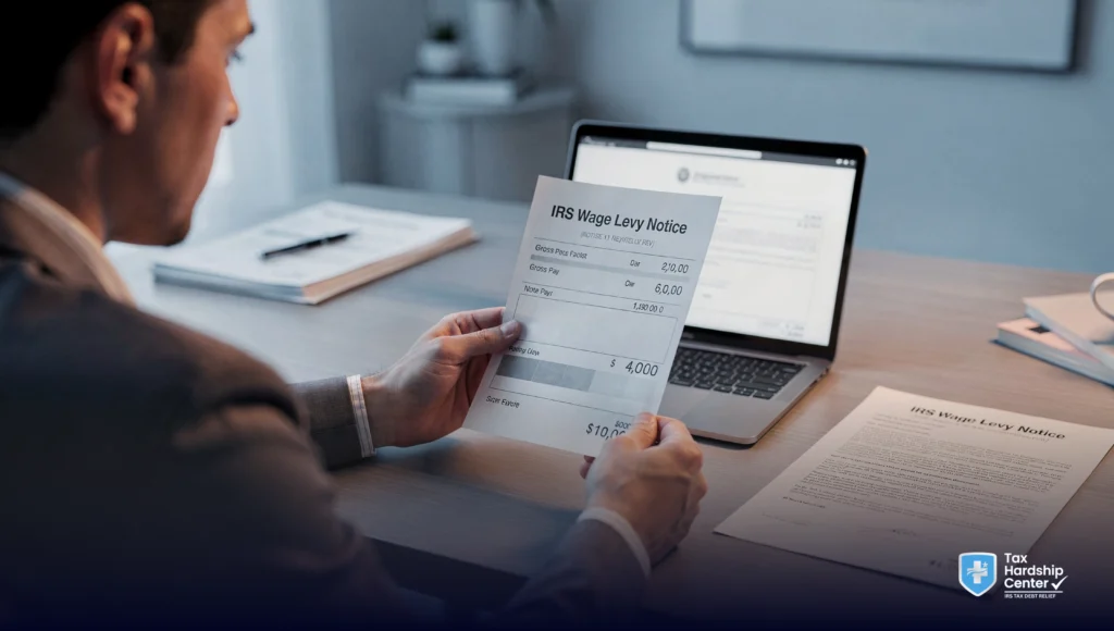 IRS wage levy reducing a worker’s paycheck, showing how the IRS can take wages above the exempt amount each pay period.