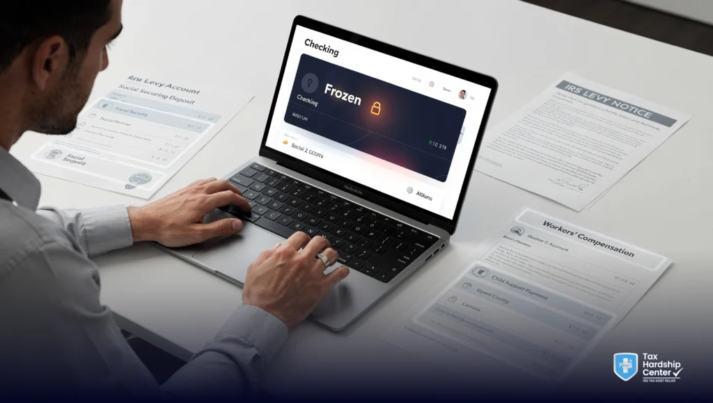 Frozen bank account after an IRS bank levy showing protected funds questions, exempt income deposits, and the need to review what money can be claimed