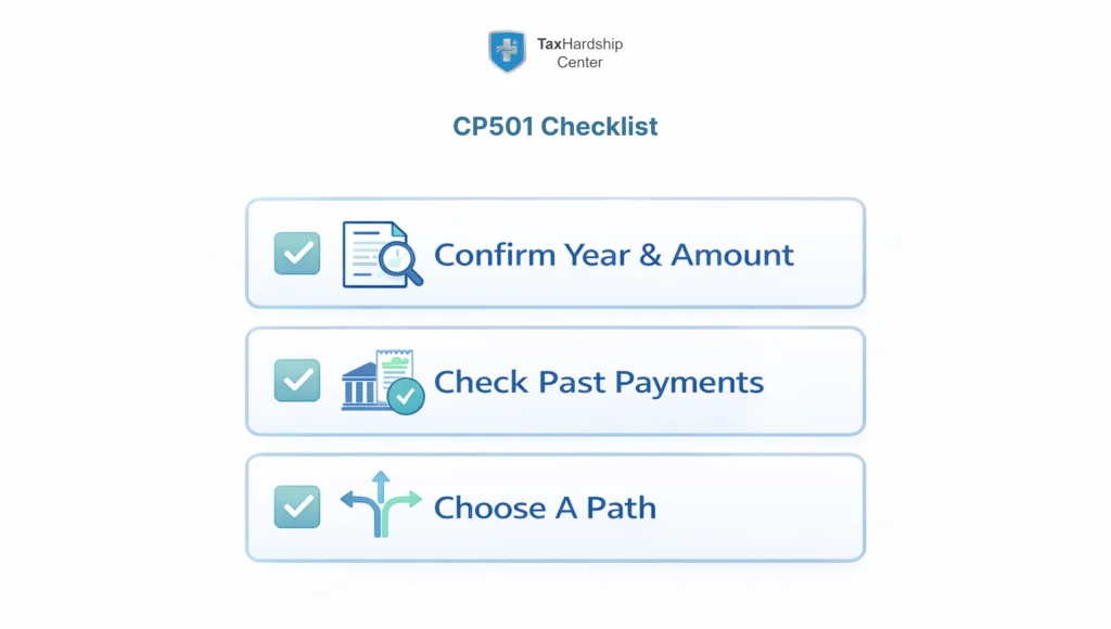 Simple checklist-style graphic showing three quick steps for handling a CP501 IRS notice: confirm the year and amount, verify past payments, and choose whether to pay, dispute, or set an installment plan